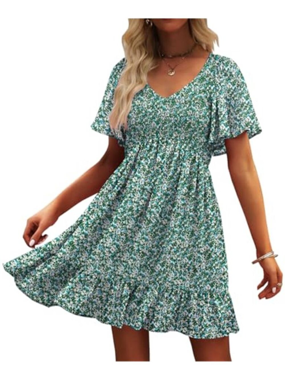 Women's Floral Smocked Mini Dress V-Neck Summer Sundress Casual Beach Vacation